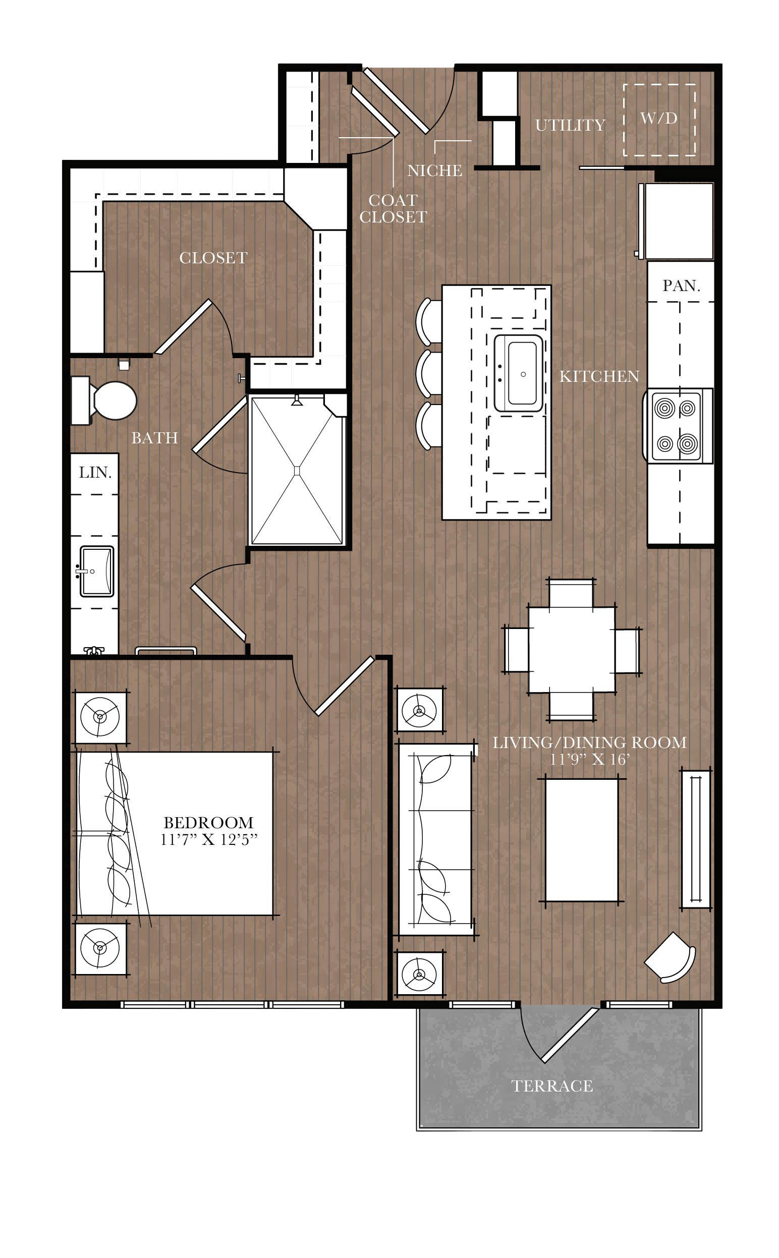 Floor plan for 1 bed, 1 bath, 757 sqft